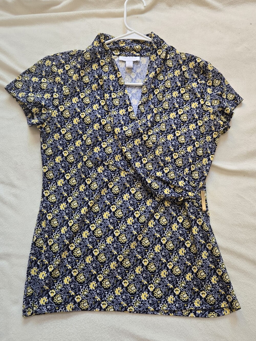 Charter Club Floral Faux-Wrap Top Short Sleeve Size Small